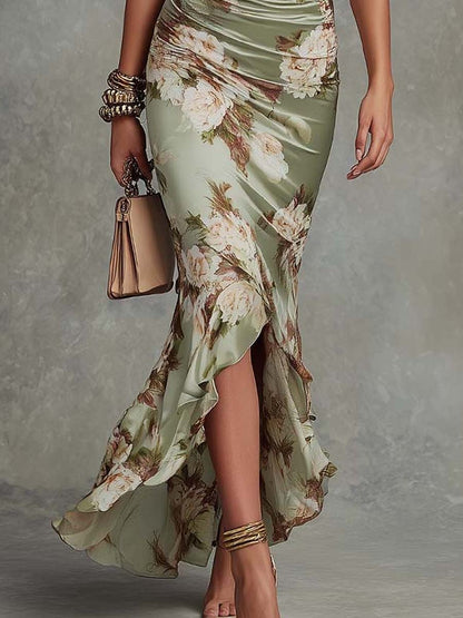 Anastasia | Lang kjole i satin med blomsterprint