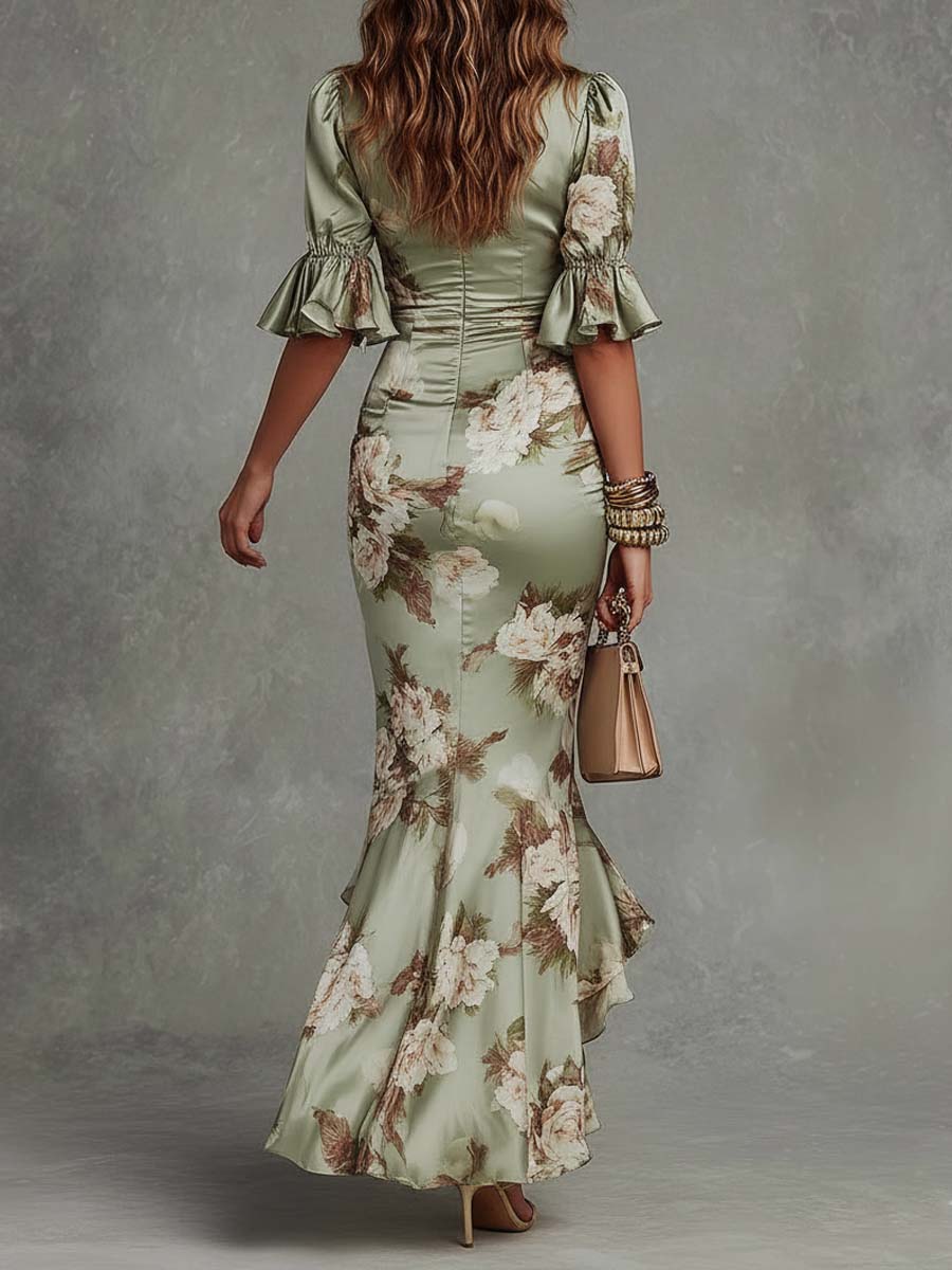 Anastasia | Lang kjole i satin med blomsterprint