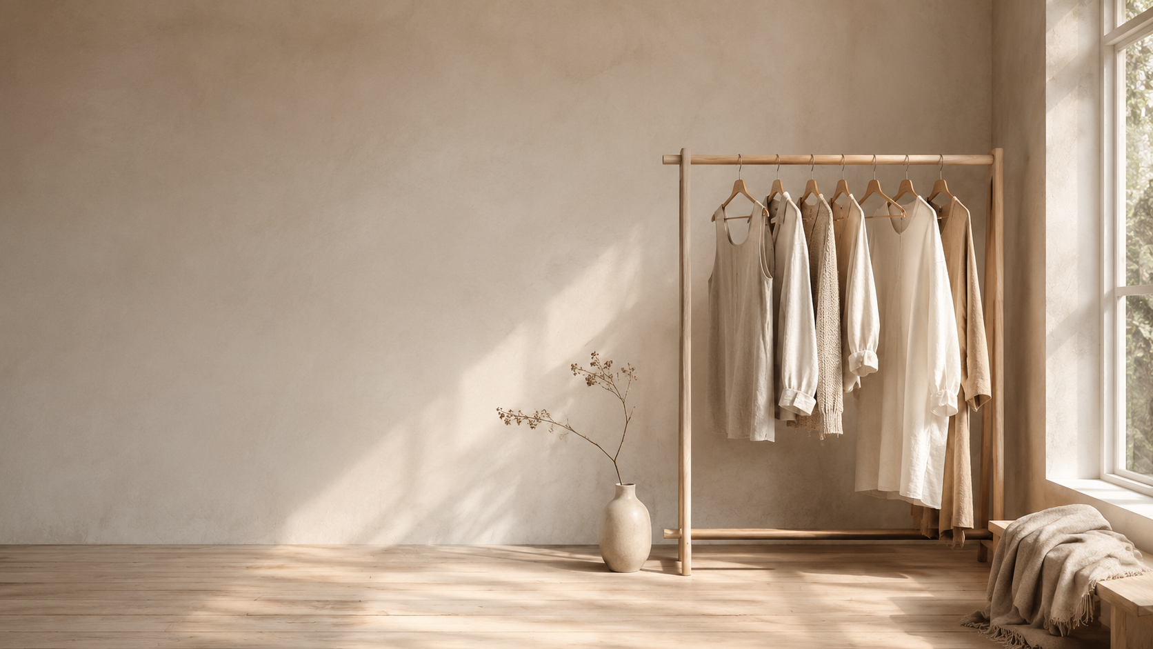 Lyst, minimalistisk skandinavisk rum med et tøjstativ i lyst egetræ og tøj i rolige, naturlige farver
