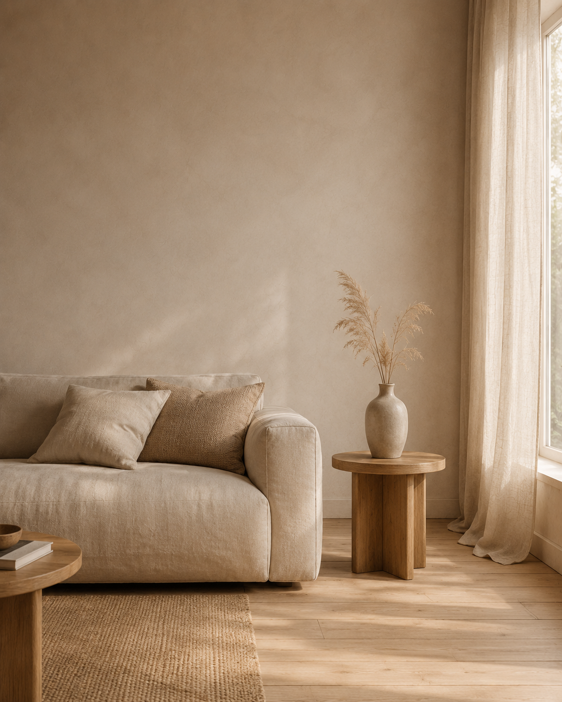 Lyst skandinavisk interiør med en lav linnedsofa i sandfarve, lyst egetræsgulv og en keramikvase med tørrede grene